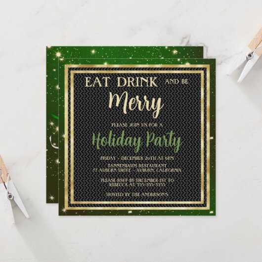 Gold Sparkles en Green Holiday Party Invitation Kaart (Voorkant / Achterkant in situ)