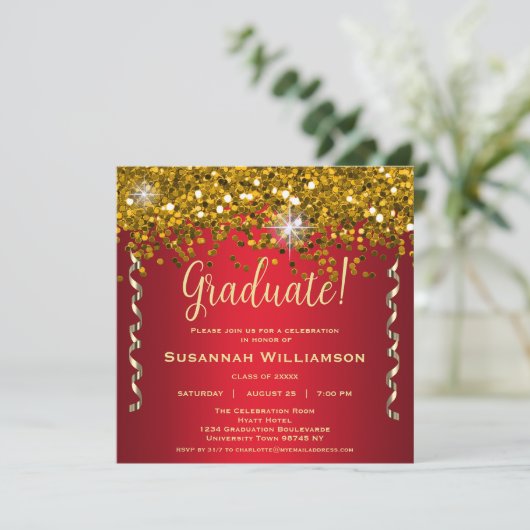 Gold Sparkles Glitter Red Graduparty Kaart (Staand voorkant)