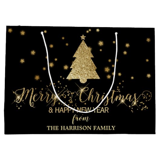 Gold Sparkles Merry kerstboom Black Groot Cadeauzakje (Achterkant)