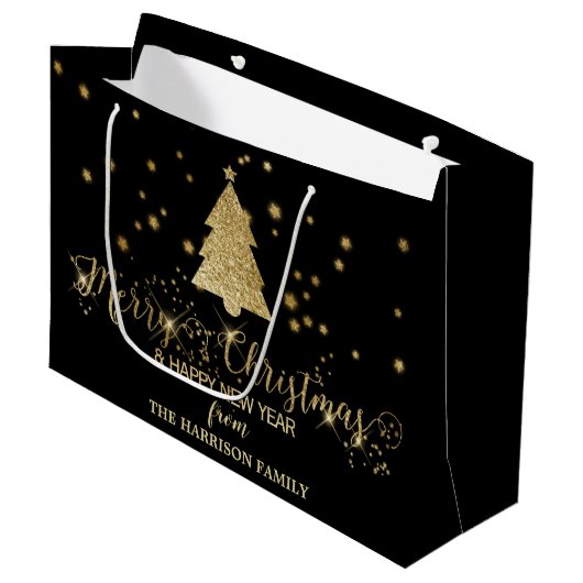 Gold Sparkles Merry kerstboom Black Groot Cadeauzakje (Voorkant Gekanteld)