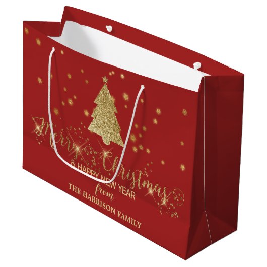 Gold Sparkles Merry kerstboom Red Groot Cadeauzakje (Voorkant Gekanteld)