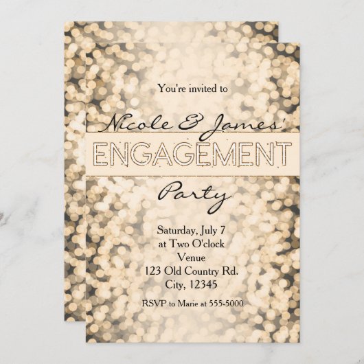 Gold Sparkling Lights Engagement Party Uitnodiging (Voorkant / Achterkant)