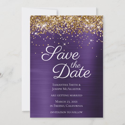 Gold Sparkly Glitter Donker Violet Ombre Folie Save The Date (Voorkant)