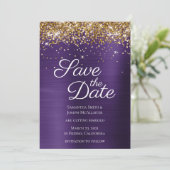 Gold Sparkly Glitter Donker Violet Ombre Folie Save The Date (Staand voorkant)
