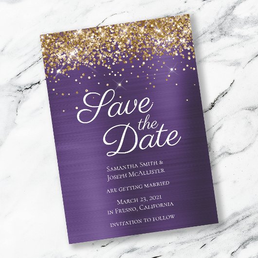 Gold Sparkly Glitter Donker Violet Ombre Folie Save The Date