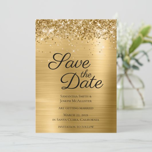 Gold Sparkly Glitter en Ombre Folie Save The Date (Staand voorkant)