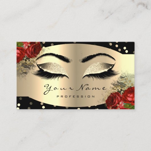 Gold Sparkly Makeup Artist Lashes Floral Red Rose Visitekaartje (Voorkant)