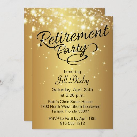 Gold Sparkly Retirement Party Uitnodiging (Voorkant / Achterkant)