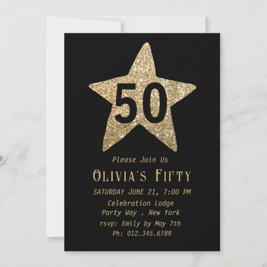 Gold Sparkly Star 50th Birthday Party Invitation Kaart (Voorkant)