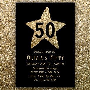 Gold Sparkly Star 50th Birthday Party Invitation Kaart