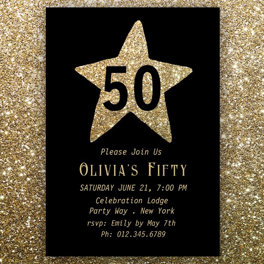 Gold Sparkly Star 50th Birthday Party Invitation Kaart