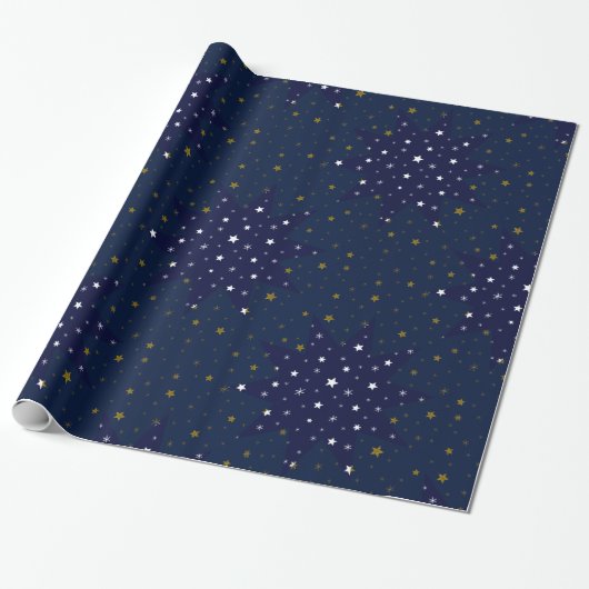 Gold Sparkly sterren en witte sterren aan de blauw Cadeaupapier (Uitgerold)