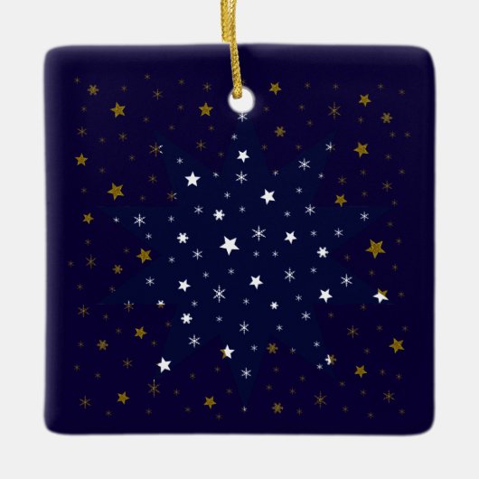 Gold Sparkly sterren en witte sterren aan de blauw Keramisch Ornament (Voorkant)