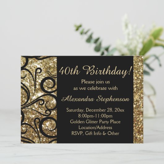 Gold Sparkly Swirl 40th Birthday Kaart (Staand voorkant)