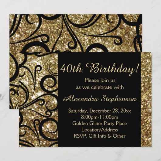 Gold Sparkly Swirl 40th Birthday Kaart (Voorkant / Achterkant)