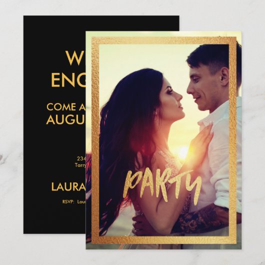 Gold Sparkly Verloving Photo Party Invitation Kaart (Voorkant / Achterkant)