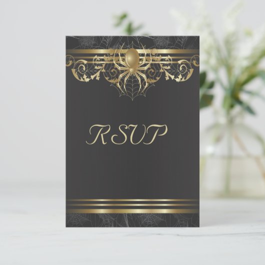 Gold Spider op zwarte RSVP-uitnodiging RSVP Kaartje (Staand voorkant)