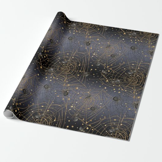 Gold Spider Webs op Black Night Background Cadeaupapier (Uitgerold)