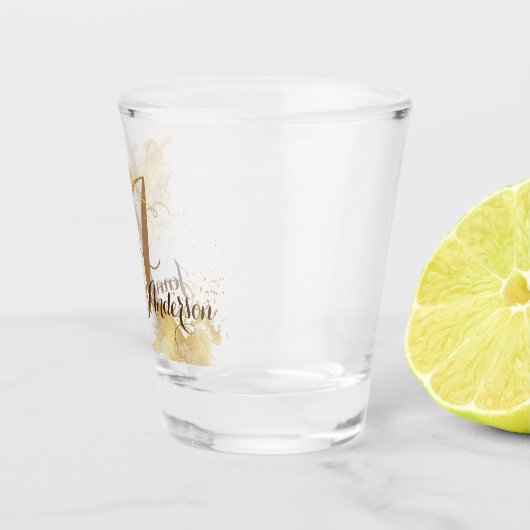 Gold Splash Glitter Monogram Name Script Shot Glas (Rechts)