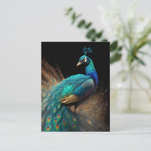 Gold Splatter Peacock Briefkaart (Staand voorkant)