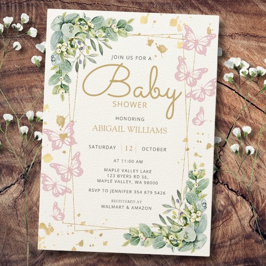 Gold Sprinkle roze Butterfly Greenery Baby shower Kaart