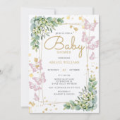 Gold Sprinkle roze Butterfly Greenery Baby shower Kaart (Voorkant)