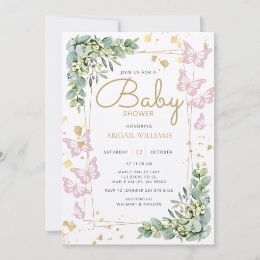 Gold Sprinkle roze Butterfly Greenery Baby shower Kaart (Voorkant)