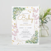 Gold Sprinkle roze Butterfly Greenery Baby shower Kaart (Staand voorkant)