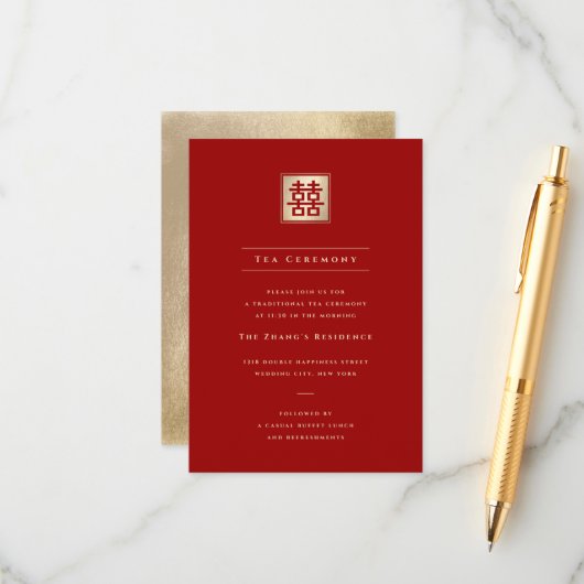 Gold Square Double Happiness Chic Chinese Wedding Informatiekaartje (Voorkant / Achterkant in situ)