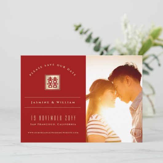Gold Square Double Happiness Chinese Weddenfoto Save The Date (Staand voorkant)