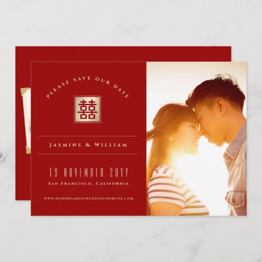 Gold Square Double Happiness Chinese Weddenfoto Save The Date (Voorkant / Achterkant)