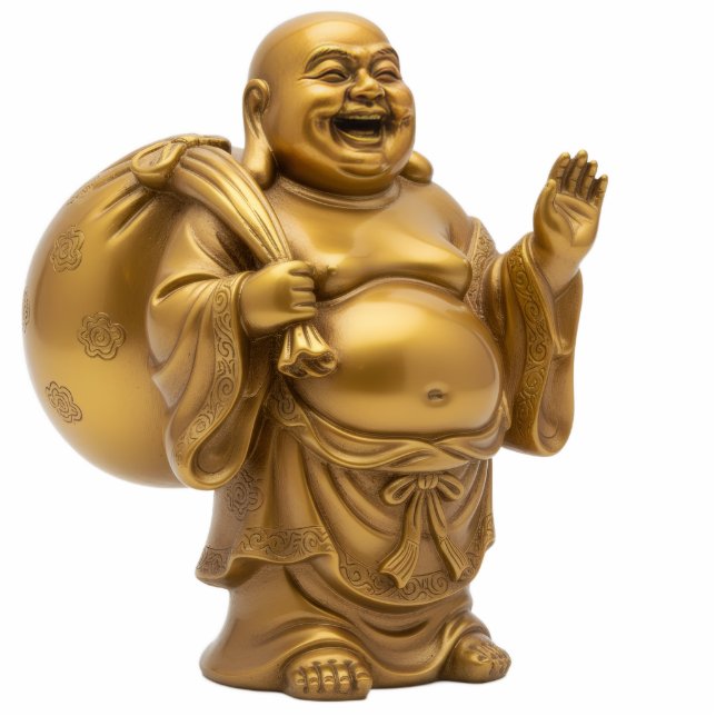 Gold Standing Laughing Buddha with Sack 2D statue Staand Fotobeeldje (Voorkant)