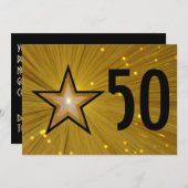 Gold Star '50' verjaardagsdagsuitnodiging zwart te Kaart (Voorkant / Achterkant)