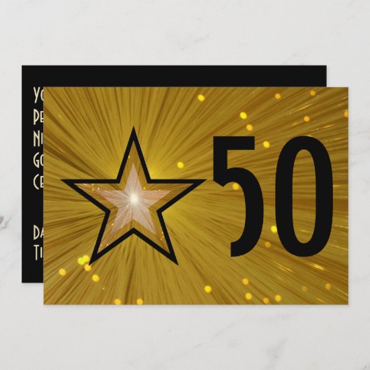 Gold Star '50' verjaardagsdagsuitnodiging zwart te Kaart (Voorkant / Achterkant)