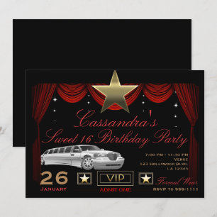 Gold Star Black Red Limo Hollywood Birthday Party Kaart