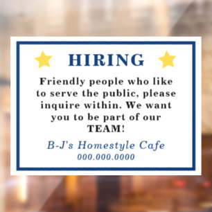 Gold Star Blue Lettering HIRING Notice Raamsticker