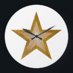 "Gold" Star clock round white Grote Klok<br><div class="desc">Modern design with a "shining" gold and white star on a white background. Wall clock with a customizable design for you to personalise with your own text, images and ideas. Please note that this is a printed image created using original fotographs and digital technical, it does not shine or contain...</div>