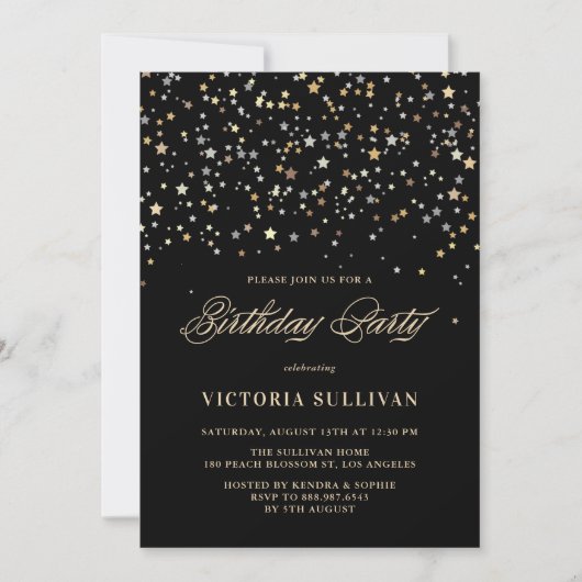 Gold Star Confetti Birthday Party Invitation Kaart (Voorkant)