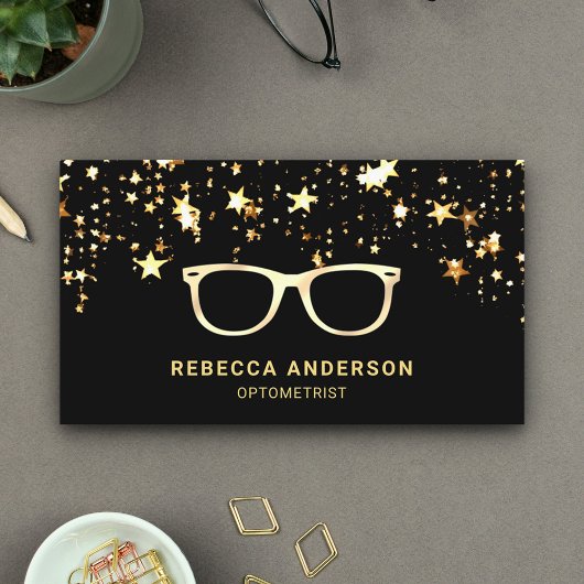 Gold Star Confetti Black Gold Eye Glasses Optician Visitekaartje