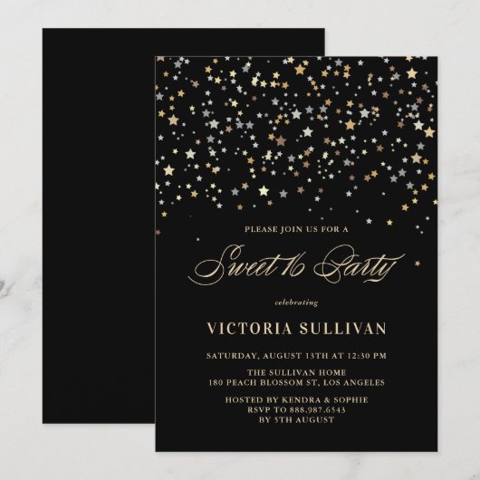 Gold Star Confetti Sweet Sixteen Feestuitnodiging Kaart (Voorkant / Achterkant)