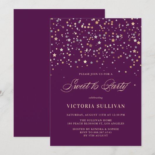Gold Star Confetti Sweet Sixteen Feestuitnodiging Kaart (Voorkant / Achterkant)