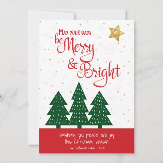 Gold Star Green Tree Wees vrolijk helder script ee Feestdagenkaart (Voorkant)