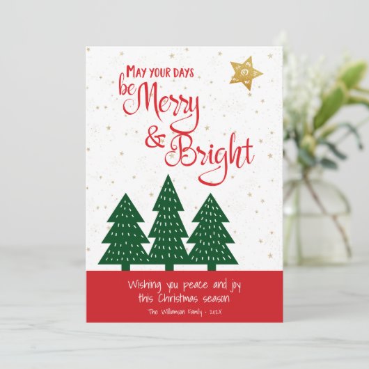 Gold Star Green Tree Wees vrolijk helder script ee Feestdagenkaart (Staand voorkant)