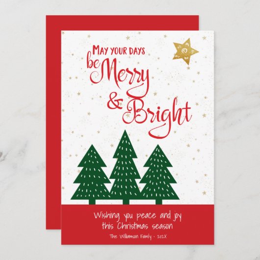 Gold Star Green Tree Wees vrolijk helder script ee Feestdagenkaart (Voorkant / Achterkant)