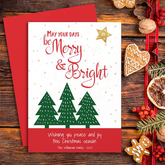 Gold Star Green Tree Wees vrolijk helder script ee Feestdagenkaart