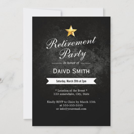 Gold Star Grunge Dark Retirement Party Invitations Kaart (Voorkant)