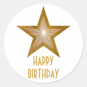 Gold Star 'Happy Birthday' ronde sticker wit