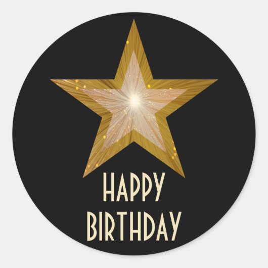 Gold Star 'Happy Birthday' ronde sticker zwart (Voorkant)