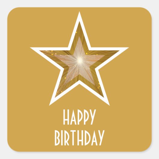 Gold Star 'Happy Birthday' vierkante sticker geel (Voorkant)