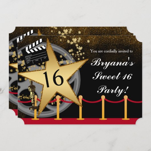 Gold Star Hollywood Red Carpet Party Uitnodigingen (Voorkant / Achterkant)